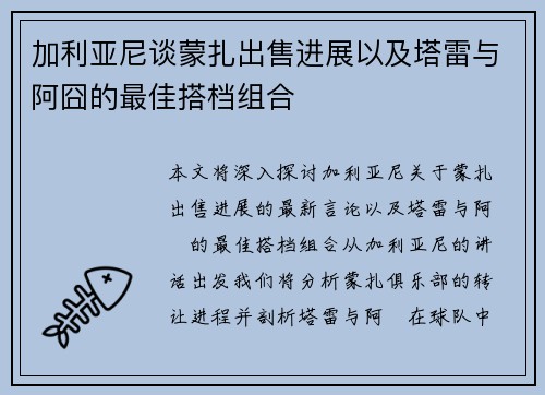 加利亚尼谈蒙扎出售进展以及塔雷与阿囧的最佳搭档组合