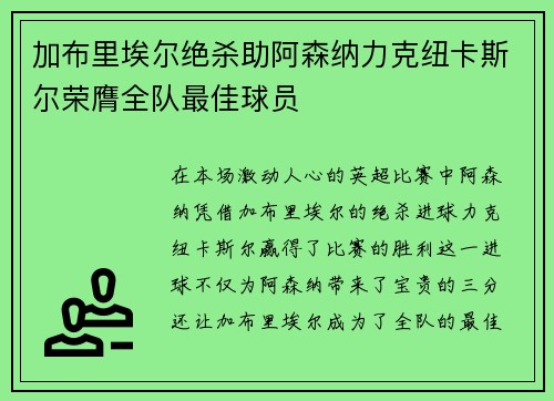 加布里埃尔绝杀助阿森纳力克纽卡斯尔荣膺全队最佳球员